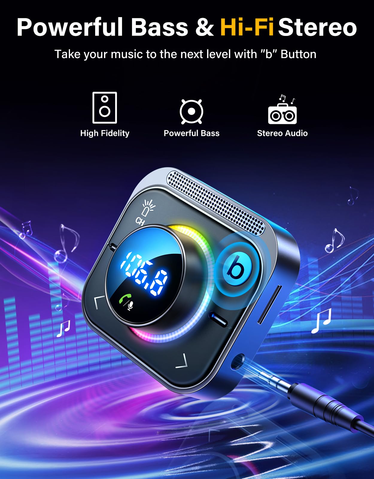 96W Bluetooth 6.0 FM and AUX Car Adapter